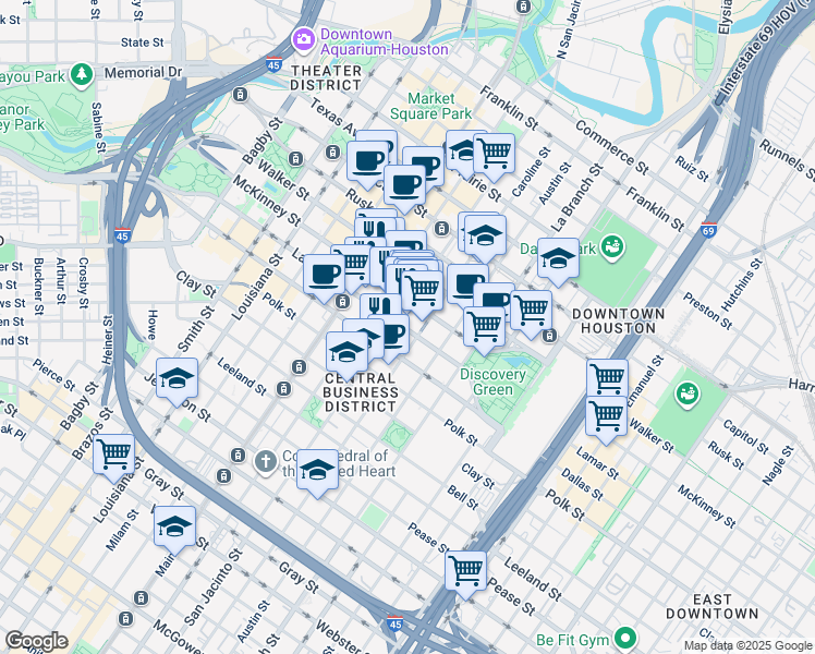map of restaurants, bars, coffee shops, grocery stores, and more near 1001 Fannin Street in Houston