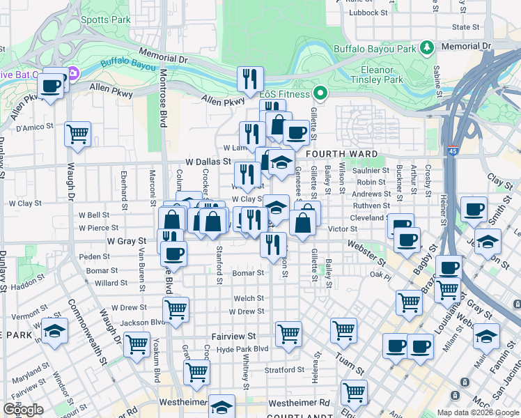 map of restaurants, bars, coffee shops, grocery stores, and more near 315 West Clay Street in Houston