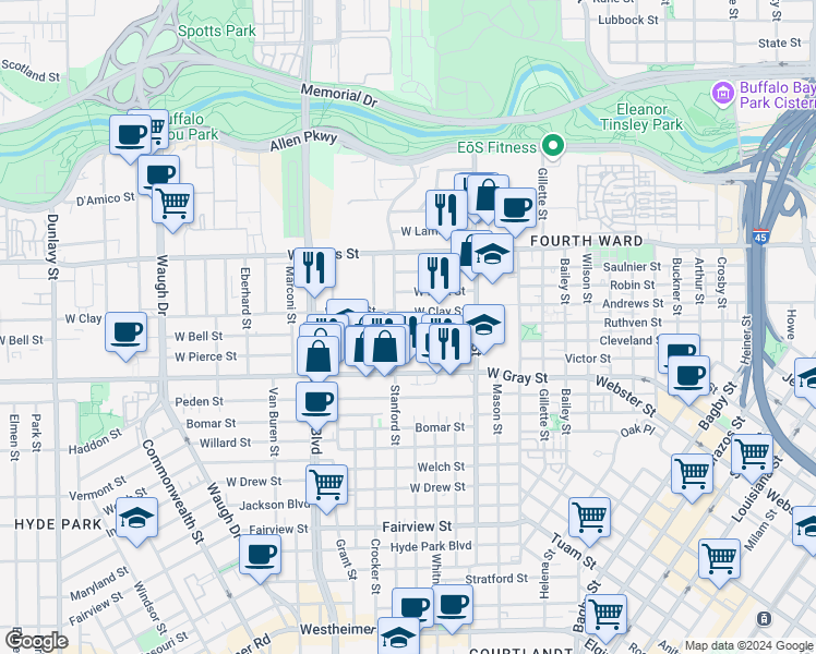 map of restaurants, bars, coffee shops, grocery stores, and more near 518 West Clay Street in Houston