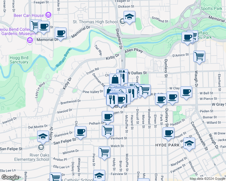 map of restaurants, bars, coffee shops, grocery stores, and more near 2141 Looscan Lane in Houston