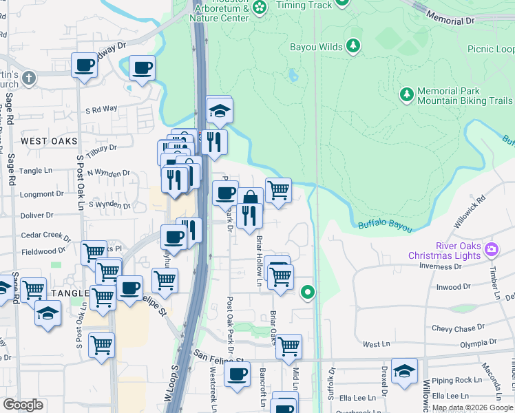 map of restaurants, bars, coffee shops, grocery stores, and more near 9 River Hollow Lane in Houston