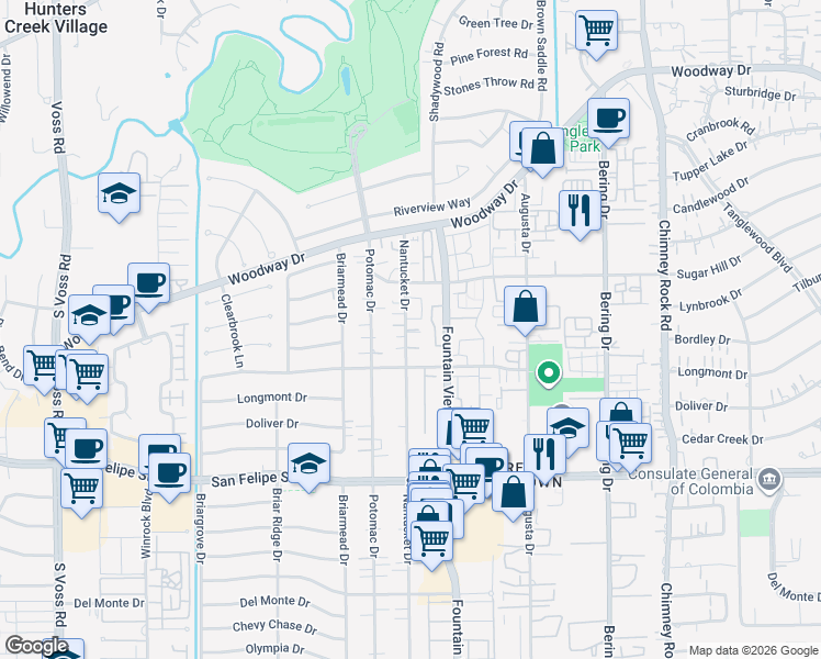 map of restaurants, bars, coffee shops, grocery stores, and more near 1127 Nantucket Drive in Houston