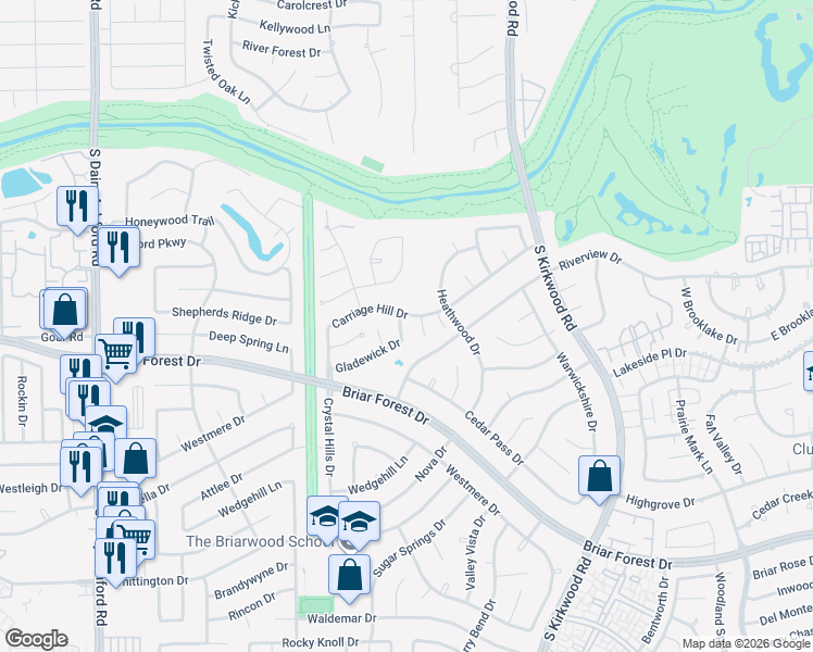 map of restaurants, bars, coffee shops, grocery stores, and more near 12022 Carriage Hill Drive in Houston