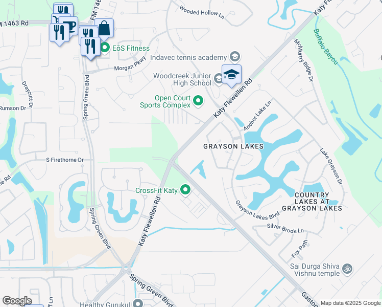 map of restaurants, bars, coffee shops, grocery stores, and more near 2228 Katy Flewellen Road in Katy