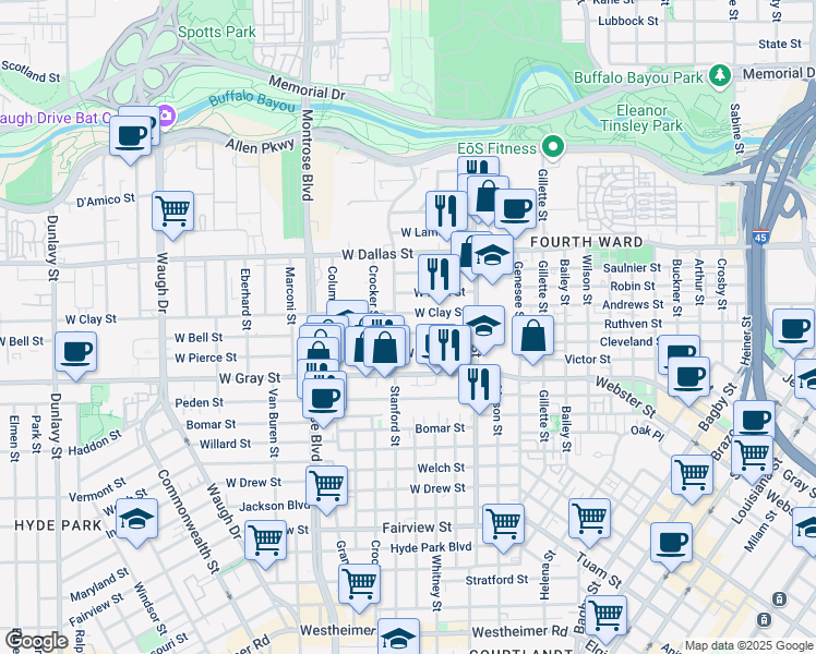 map of restaurants, bars, coffee shops, grocery stores, and more near 518 West Clay Street in Houston