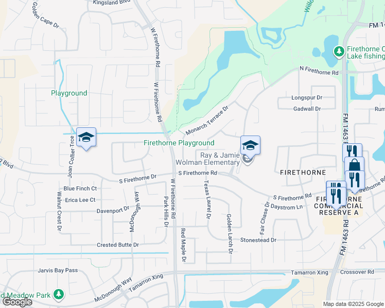 map of restaurants, bars, coffee shops, grocery stores, and more near 2506 Foxcrest Drive in Katy