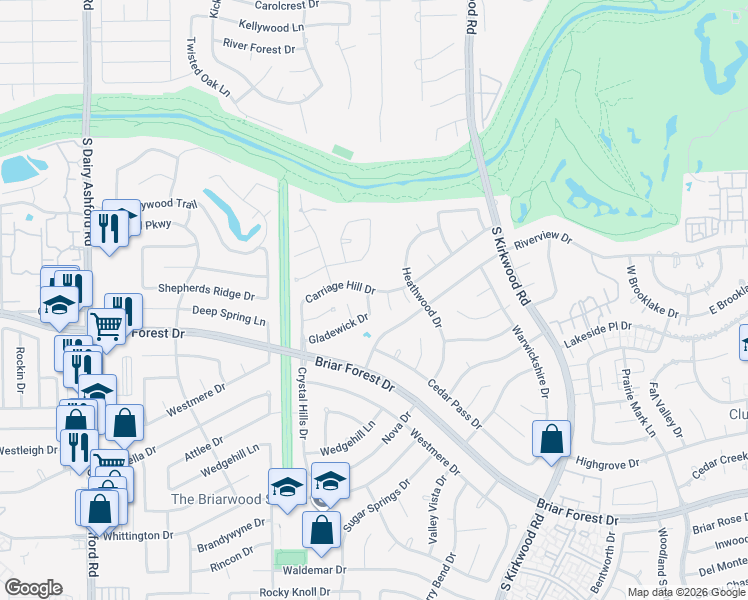 map of restaurants, bars, coffee shops, grocery stores, and more near 12022 Carriage Hill Drive in Houston