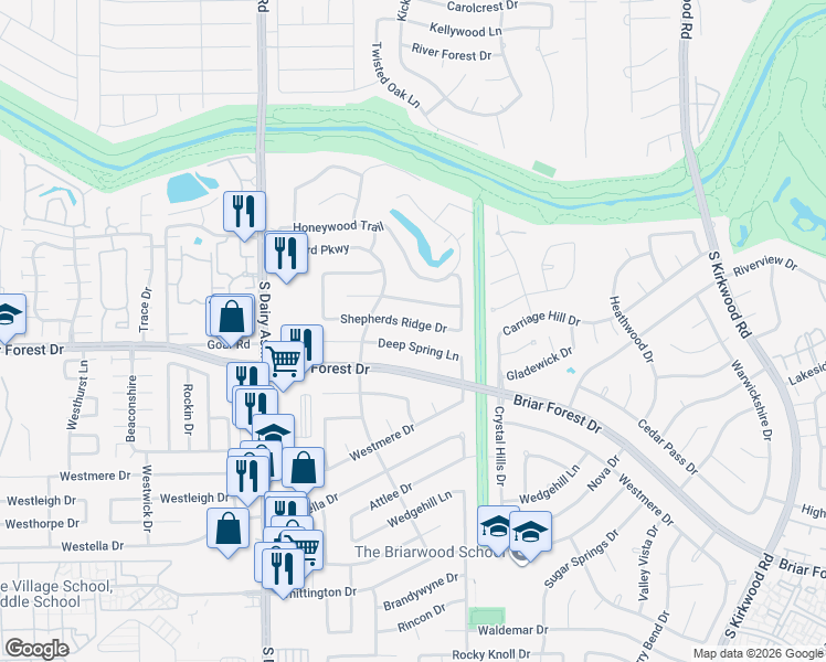 map of restaurants, bars, coffee shops, grocery stores, and more near 12450 Shepherds Ridge Drive in Houston