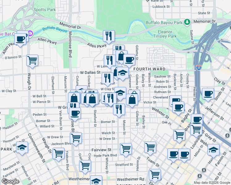 map of restaurants, bars, coffee shops, grocery stores, and more near 315 West Clay Street in Houston