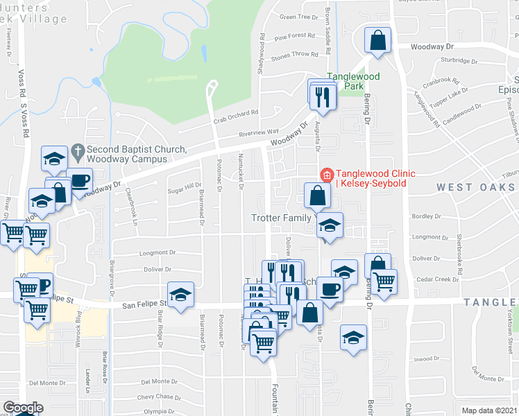 map of restaurants, bars, coffee shops, grocery stores, and more near 1127 Nantucket Drive in Houston