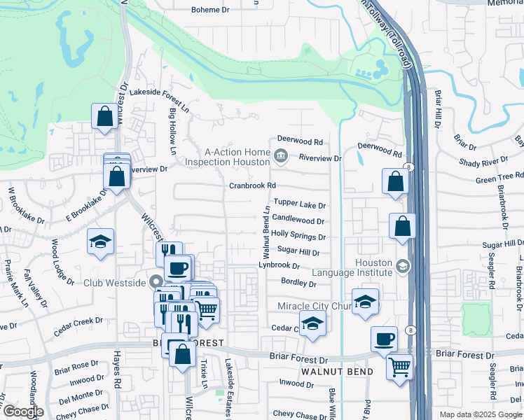 map of restaurants, bars, coffee shops, grocery stores, and more near 10803 Tupper Lake Drive in Houston
