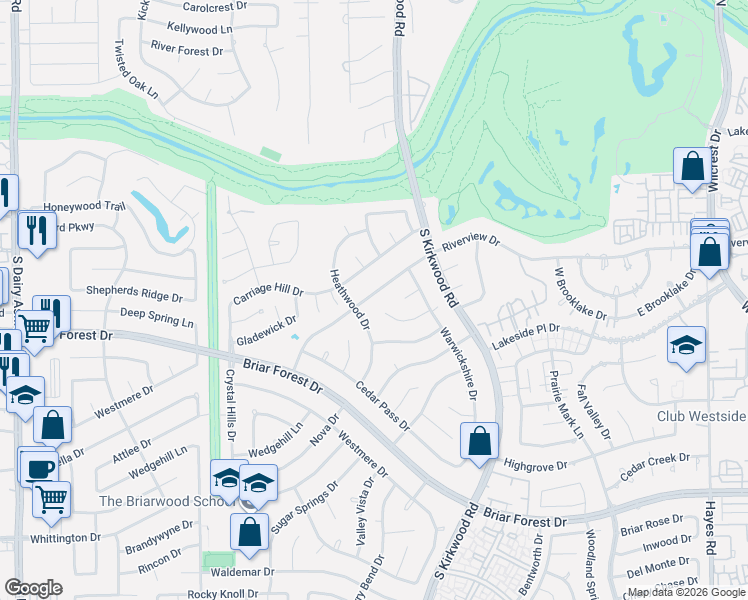 map of restaurants, bars, coffee shops, grocery stores, and more near 11901-11999 Riverview Way Dr in Houston