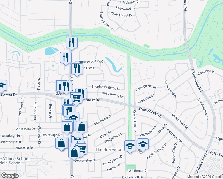 map of restaurants, bars, coffee shops, grocery stores, and more near 12450 Shepherds Ridge Drive in Houston