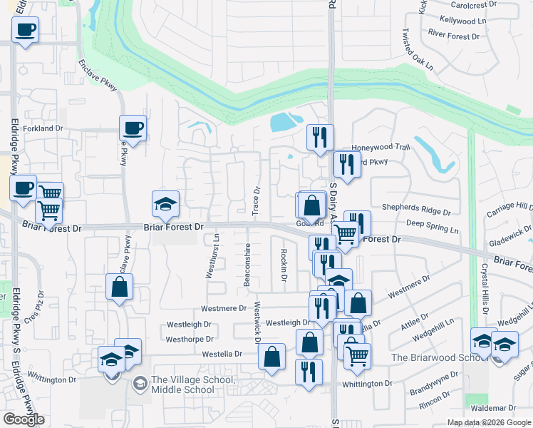 map of restaurants, bars, coffee shops, grocery stores, and more near 12703 Widley Circle in Houston