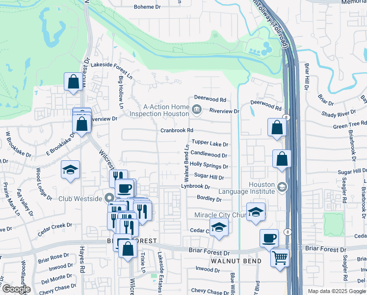 map of restaurants, bars, coffee shops, grocery stores, and more near 10803 Tupper Lake Drive in Houston