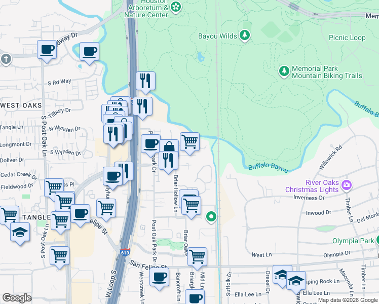 map of restaurants, bars, coffee shops, grocery stores, and more near 59 Briar Hollow Lane in Houston
