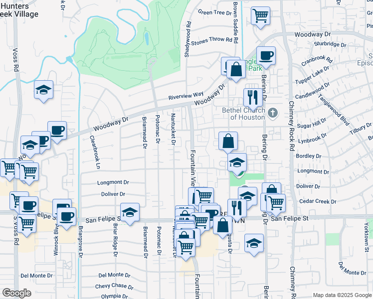 map of restaurants, bars, coffee shops, grocery stores, and more near 1127 Nantucket Drive in Houston