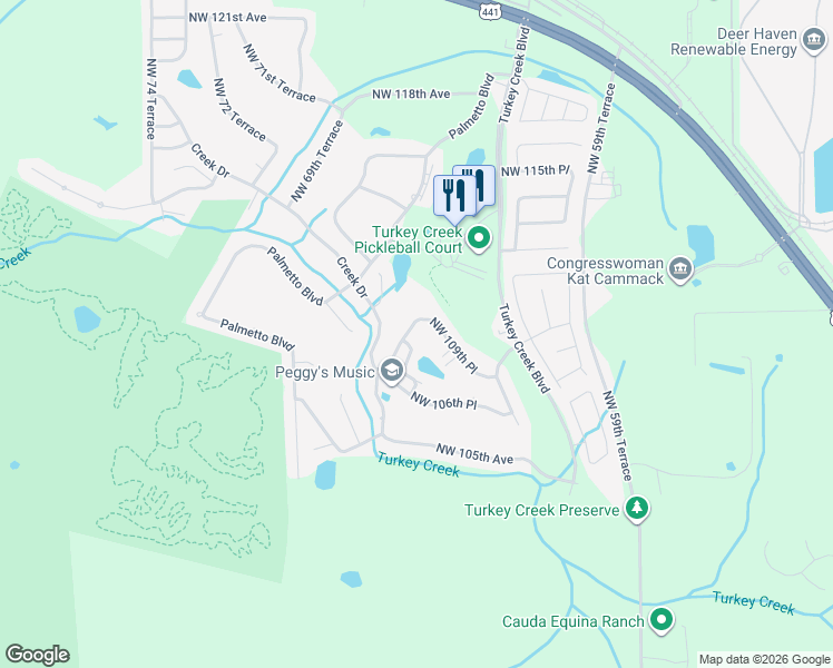 map of restaurants, bars, coffee shops, grocery stores, and more near 6528 Northwest 109th Place in Alachua