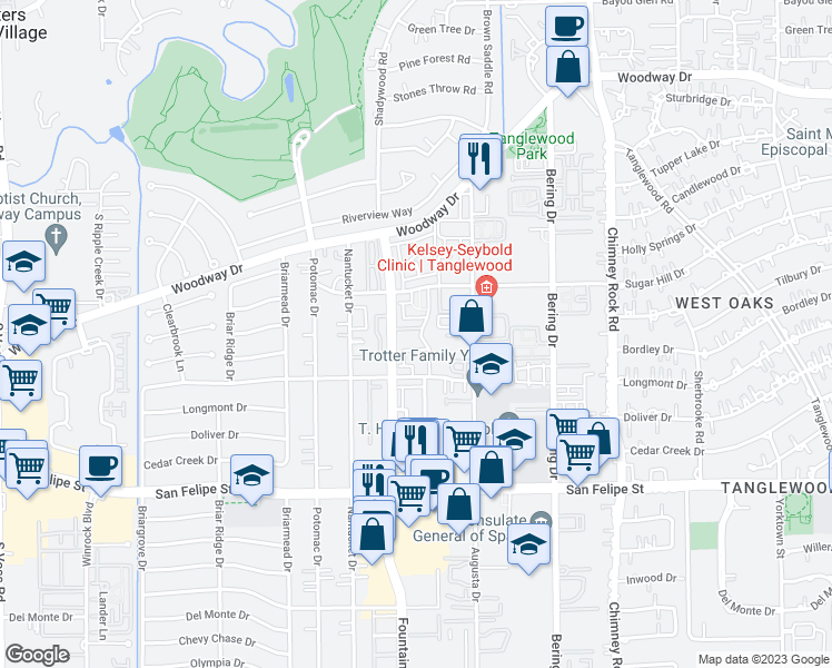 map of restaurants, bars, coffee shops, grocery stores, and more near 5850 Lynbrook Drive in Houston