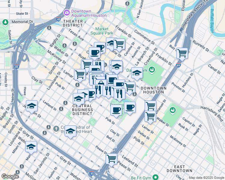 map of restaurants, bars, coffee shops, grocery stores, and more near 1401 McKinney Street in Houston