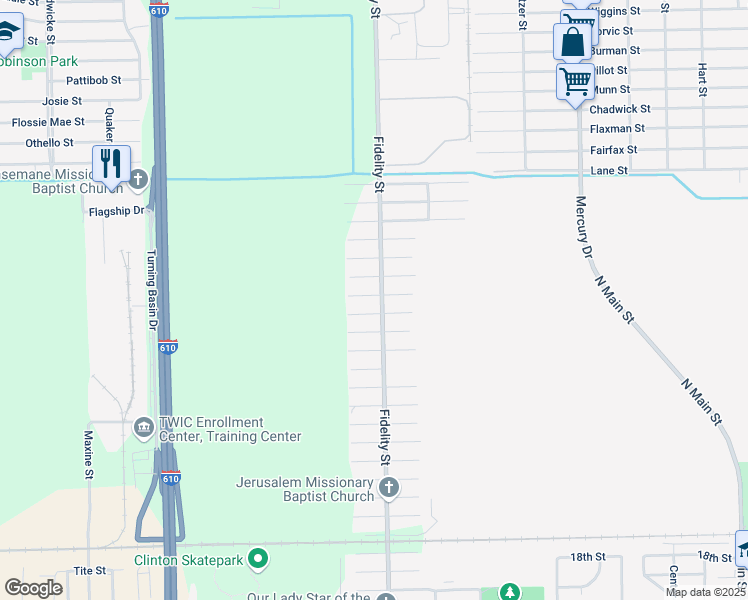 map of restaurants, bars, coffee shops, grocery stores, and more near 3201 Fidelity Street in Houston
