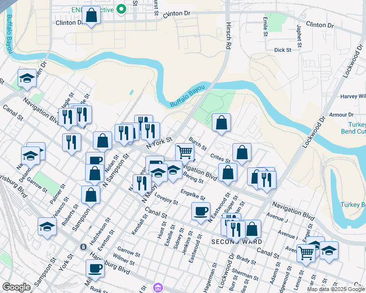 map of restaurants, bars, coffee shops, grocery stores, and more near 3814 Burch Street in Houston