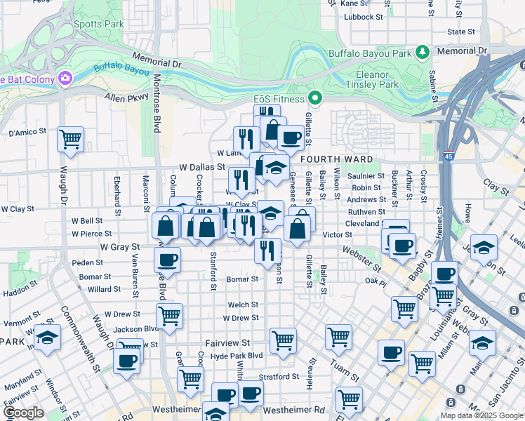 map of restaurants, bars, coffee shops, grocery stores, and more near 315 West Clay Street in Houston
