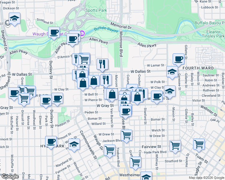 map of restaurants, bars, coffee shops, grocery stores, and more near 1225 Van Buren Street in Houston