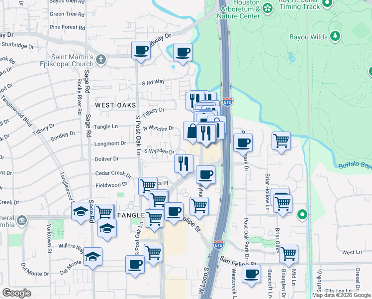 map of restaurants, bars, coffee shops, grocery stores, and more near 1180 Uptown Park Boulevard in Houston