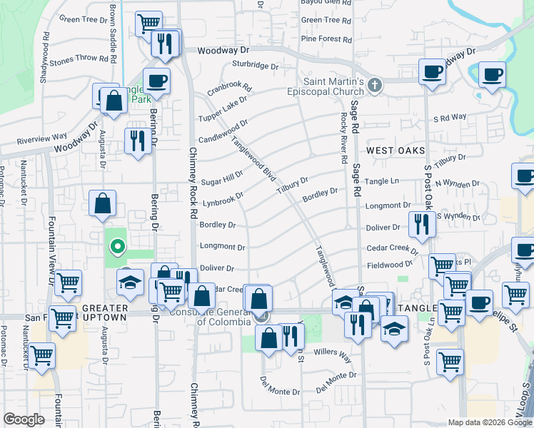 map of restaurants, bars, coffee shops, grocery stores, and more near 5565 Tilbury Drive in Houston