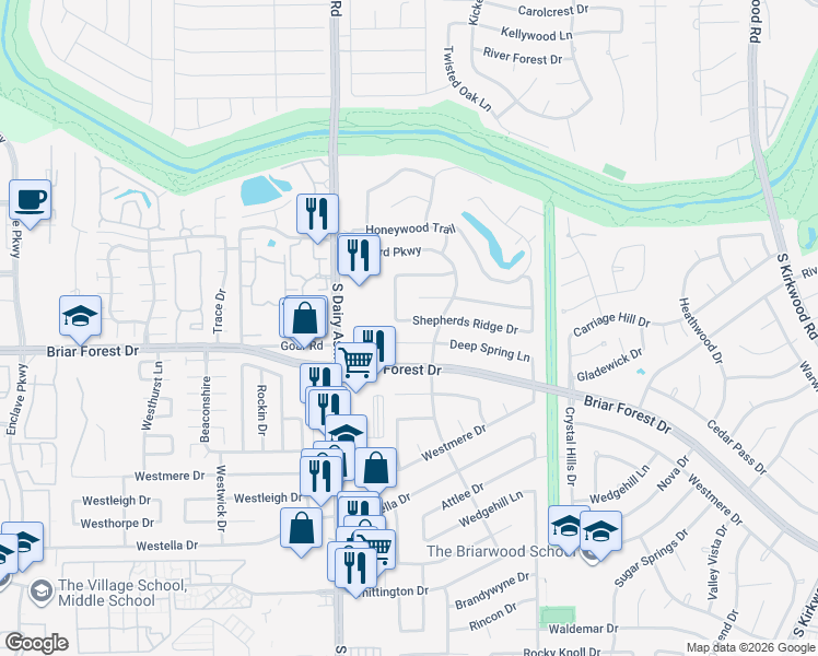 map of restaurants, bars, coffee shops, grocery stores, and more near 1318 Berrywood Lane in Houston