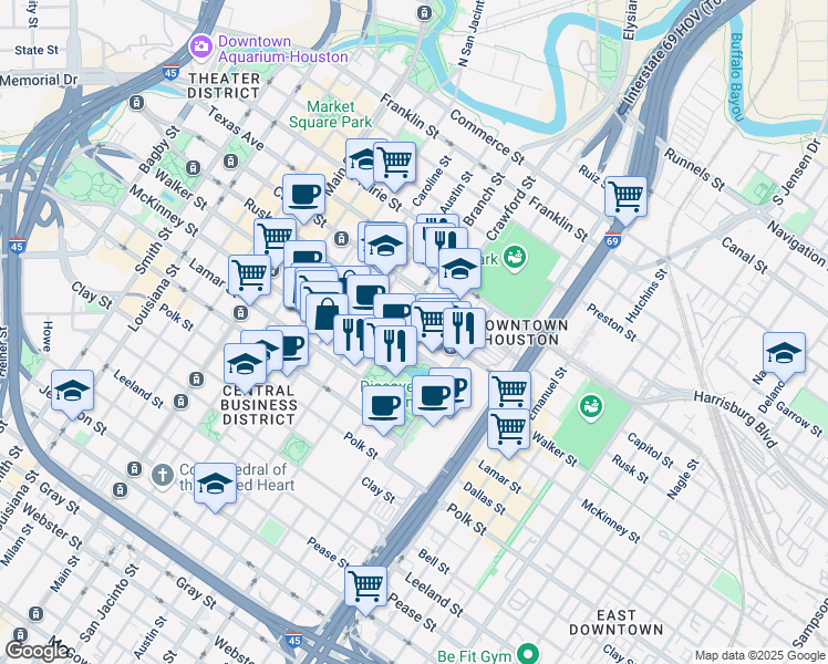 map of restaurants, bars, coffee shops, grocery stores, and more near 808 Crawford Street in Houston