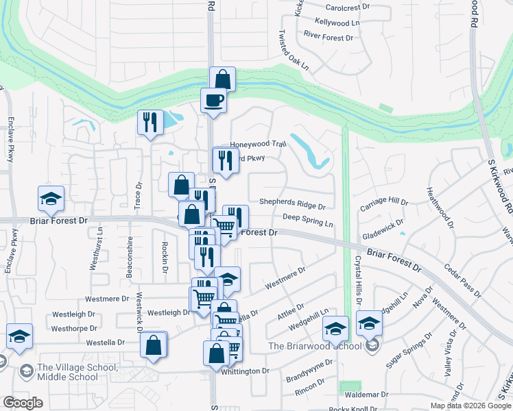 map of restaurants, bars, coffee shops, grocery stores, and more near 1318 Berrywood Lane in Houston