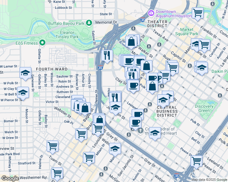 map of restaurants, bars, coffee shops, grocery stores, and more near 1600 Smith Street in Houston