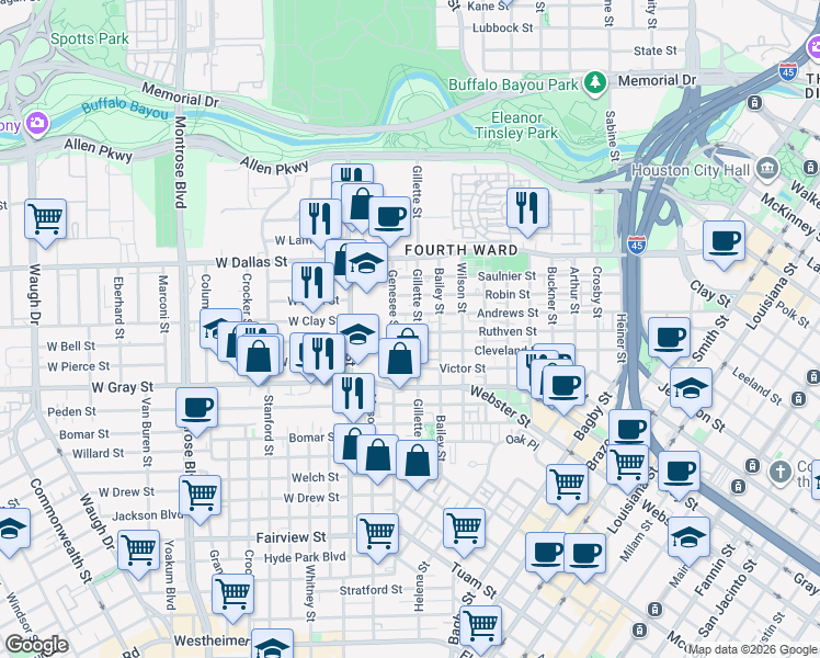 map of restaurants, bars, coffee shops, grocery stores, and more near 1607 Andrews Street in Houston