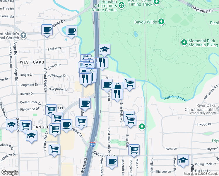map of restaurants, bars, coffee shops, grocery stores, and more near 1317 Post Oak Park Drive in Houston