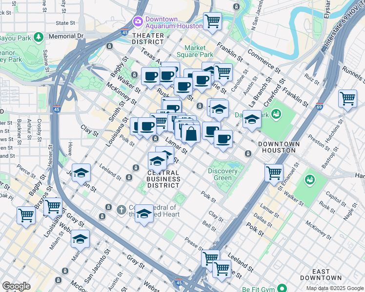 map of restaurants, bars, coffee shops, grocery stores, and more near 1201 Lamar Street in Houston