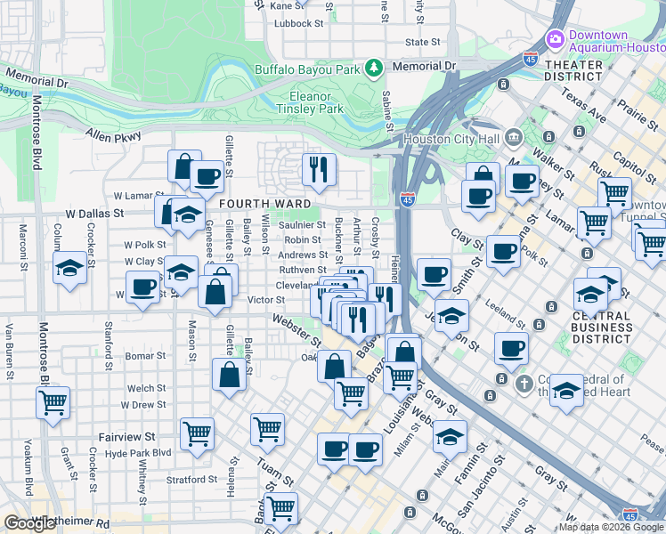 map of restaurants, bars, coffee shops, grocery stores, and more near 921 Andrews Street in Houston