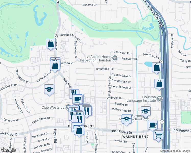 map of restaurants, bars, coffee shops, grocery stores, and more near 10827 Tupper Lake Drive in Houston