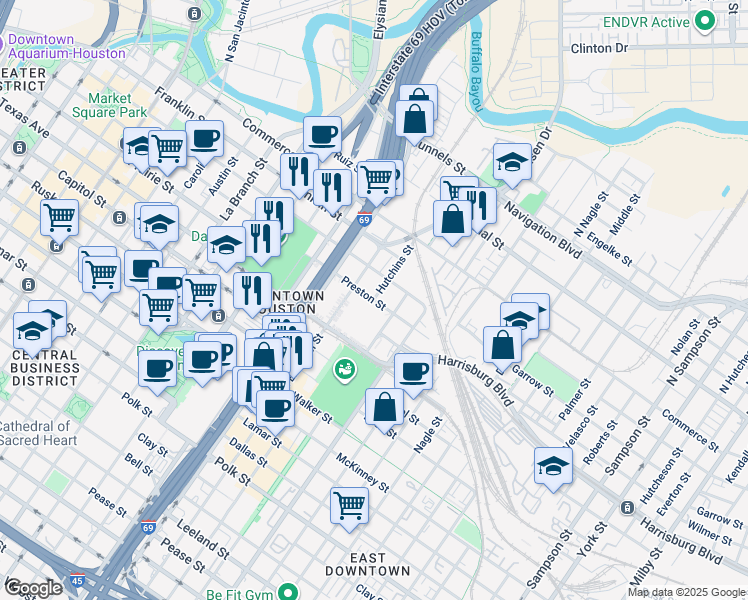 map of restaurants, bars, coffee shops, grocery stores, and more near 2206 Preston Street in Houston