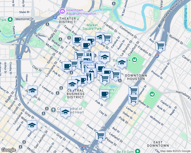map of restaurants, bars, coffee shops, grocery stores, and more near 1200 McKinney Street in Houston