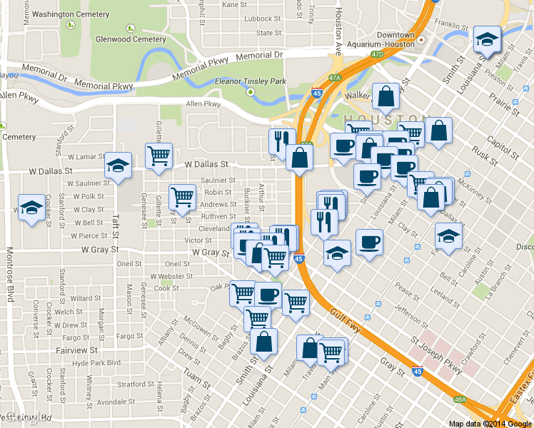 map of restaurants, bars, coffee shops, grocery stores, and more near 715 Andrews Street in Houston