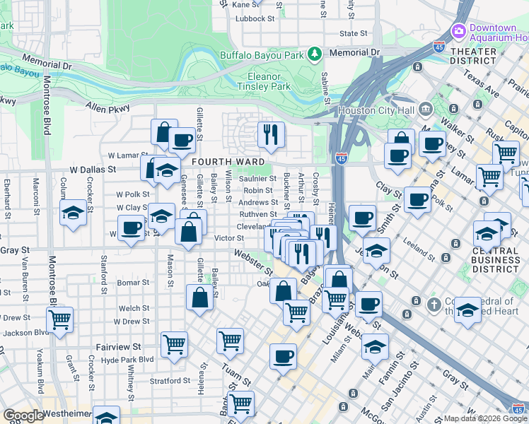 map of restaurants, bars, coffee shops, grocery stores, and more near 1107 Andrews Street in Houston
