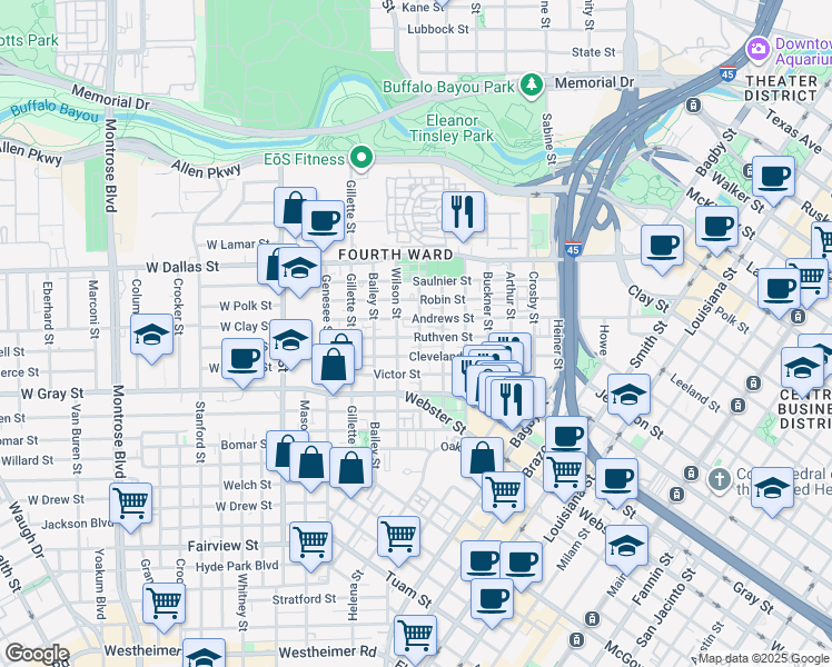 map of restaurants, bars, coffee shops, grocery stores, and more near 1304 Ruthven Street in Houston