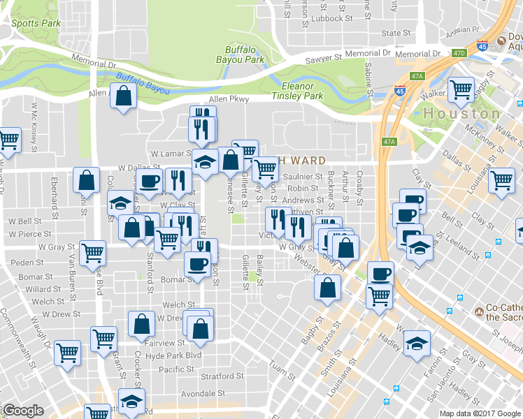 map of restaurants, bars, coffee shops, grocery stores, and more near 1315 Bailey Street in Houston