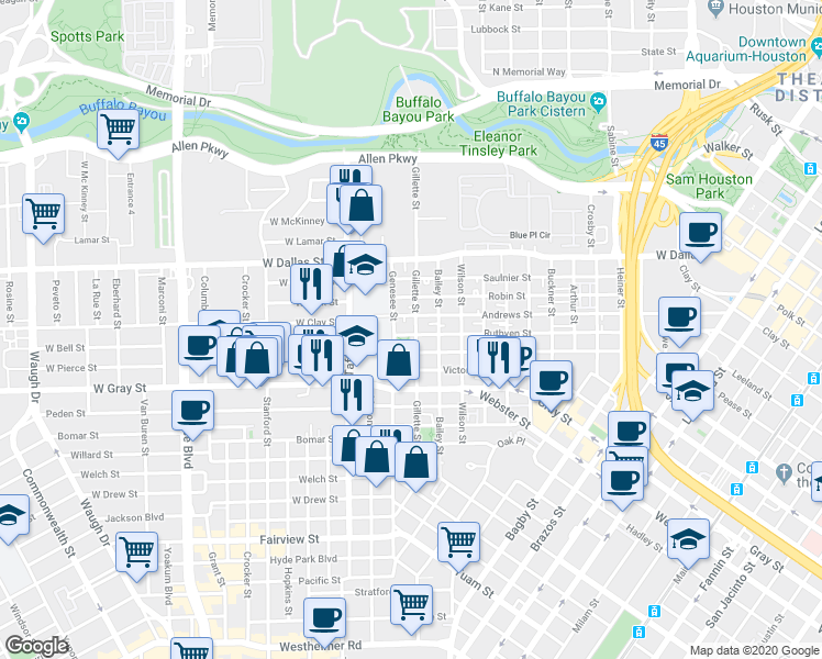 map of restaurants, bars, coffee shops, grocery stores, and more near 1607 Andrews Street in Houston