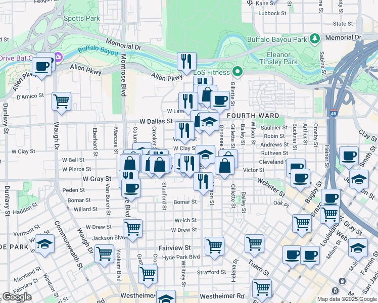map of restaurants, bars, coffee shops, grocery stores, and more near 315 West Clay Street in Houston