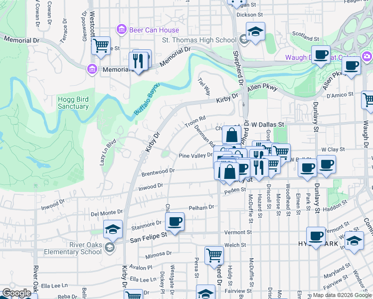 map of restaurants, bars, coffee shops, grocery stores, and more near 2241 Chilton Road in Houston