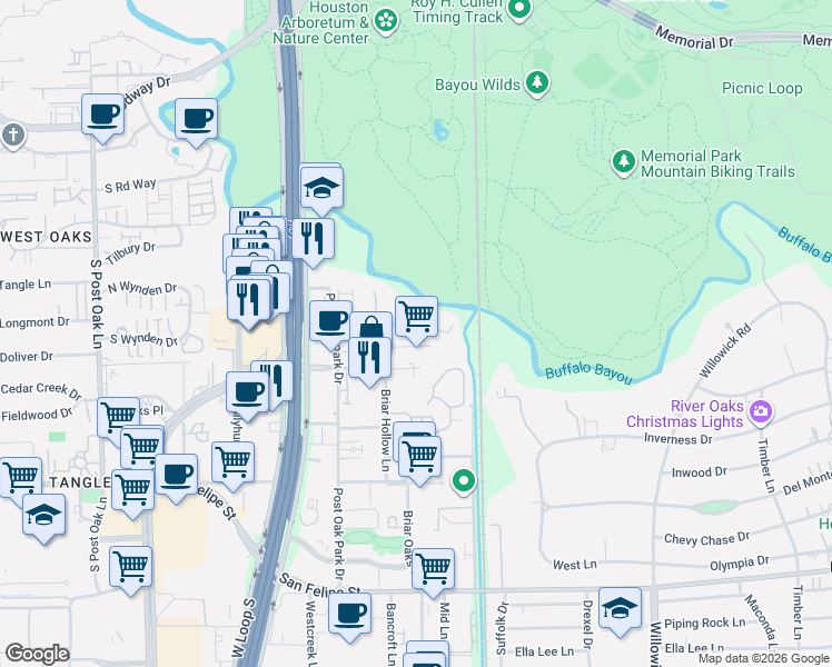 map of restaurants, bars, coffee shops, grocery stores, and more near 59 Briar Hollow Lane in Houston