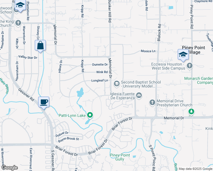 map of restaurants, bars, coffee shops, grocery stores, and more near 11807 Longleaf Lane in Houston